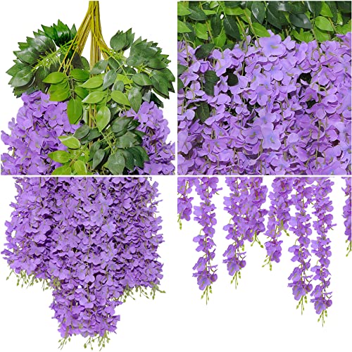 U'Artlines 24 Pack (Total 86.4 Feet) Artificial Fake Wisteria Vine Rattan Hanging Garland Silk Flowers String Home Party Wedding Decor (24, Purple) - color: Purple