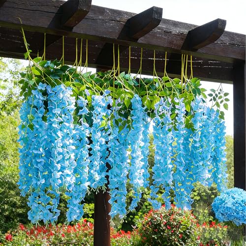 HUAHUA Artificial Wisteria Flowers, White Dense Artificial Fake Wisteria Vine Ratta Hanging Garland Silk Flowers String for Home Party Wedding Decor (24pcs Blue) - color: 24pcs Blue