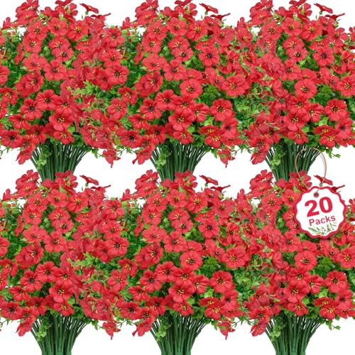 20 Bundles Artificial Flowers for Outdoors Decoration Fake Silk Flowers UV Resistant Faux Plants Artificial Daisy Eucalyptus for Spring Summer Garden Yard Porch Window Home Decor, Red - color: Red