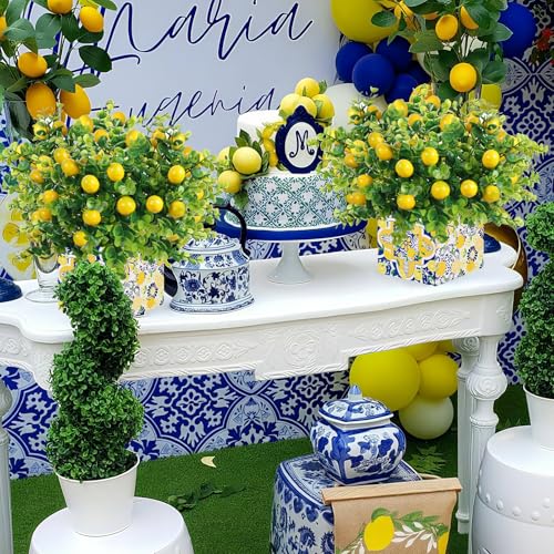 4 Sets Blue Tiles Lemon Table Centerpiece Decor Box and 16 Artificial Lemon Branches Amalfi Coast Capri Positano Lemon Party Supplies for Capri Mediterranean Wedding Birthday Baby Shower Party Decor - color: Yellow White-a