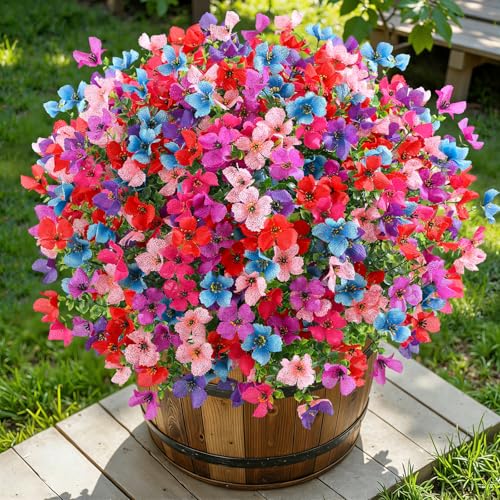 SHareconn 20 Bundles Artificial Flowers Outdoors Decoration, Fake Silk mums Eucalyptus Realistic UV Resistant Faux Plants for Outside Indoor Planter Porch Yard Home Spring Decor, 6 Colors incl. Blue - color: Redrosypurpledeeppurplepinkblue