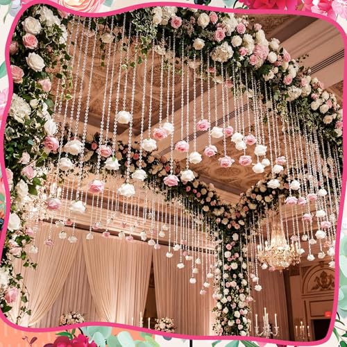 Norme 16pcs 31.4 Inch Wedding Rose Hanging Garland Crystal Beaded String Garland Artificial Rose Flower Decor for Wedding Engagement Bridal Shower Party Valentine's Day Party Decorations - color: White, Pink