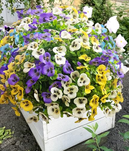 Artificial Flowers for Outdoors Faux Plants, 14 pcs Realistic Fake Pansies Silk Flowers UV Resistant, Lifelike Faux Outdoor Flowers for Porch Garden Patio Window Box Decor - color: Purplewhiteyellow, size: 14