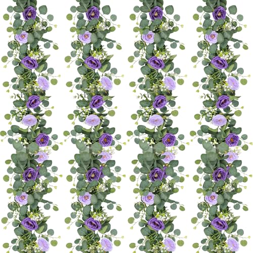 TOCHGREEN 4 Pack Artificial Eucalyptus Flower Garland with Purple Roses, Fake Rose Flower Greenery Garland Floral Vines for Wedding Home Party Table Runner Decor (Purple, 4PCS) - color: Purple, size: 4PCS