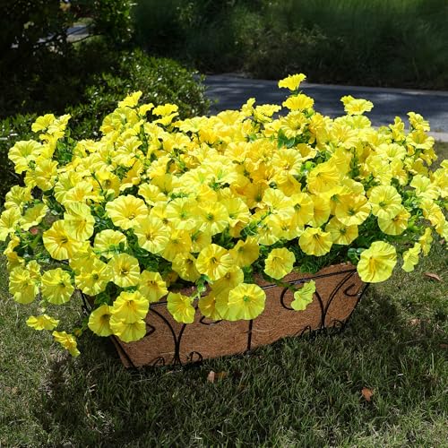 Artificial Flowers for Outdoors Fake Flowers Plants for Spring Summer Decor, 12 Bundles Silk Morning Glory with Eucalyptus Look Real UV Resistant Yellow Faux Flowers for Outside Planters Yard Patio - color: Yellow