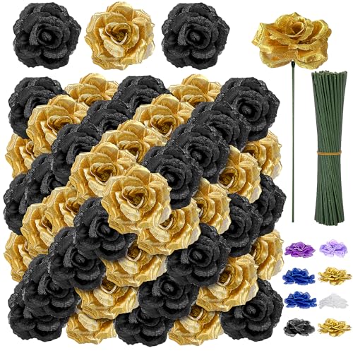 LELEE 108pcs Black Gold Roses Head Flowers with Long Stem - Bridal Artificial Flowers Rose Bulk - Silk Gold Black Rose Fake Flower for Wedding Bouquet Balls Arrangement Table Centerpieces Party Decor - color: Black-gold
