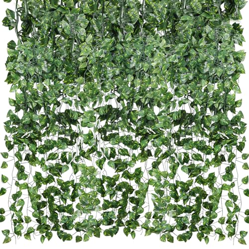 CEWOR 48 Pack 7 Feet Artificial Ivy Garlands, Fake Vines Greenery Hanging Plants Green Leaves Backdrop for Room Bedroom Wall Decor, Jungle Themed Party Wedding Decorations - size: C-48pcs of Vines with 0 LED lights