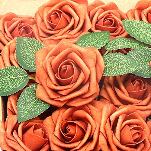 50pcs Artificial Flower，Real Touch Artificial Foam Roses Decoration DIY for Wedding Bridesmaid Bridal Bouquet Centerpieces Party(50, Burnt Orange-boxpack) - color: Burnt Orange-boxpack