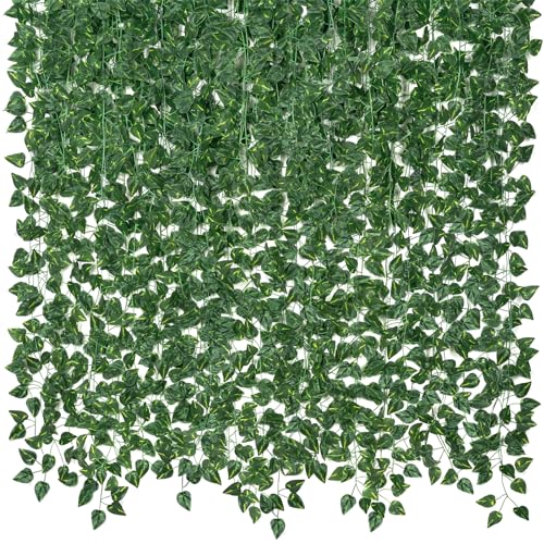 CQURE 14 Pack 98Ft Artificial Ivy Garland, Fake Vines UV Resistant Greenery Leaves Fake Plants Hanging Aesthetic Vines for Home Bedroom Party Garden Wall Room Decor