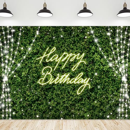 Riyidecor Green Happy Birthday Backdrop Polyester Fabric for Woman Grass Neon Leaf Rustic Spring Leaves Plant Botanical Nature 7Wx5H Feet Lights Photography Background Birthday Photo Studio Shoot - color: D-Green Birthday（Light）, size: 7Wx5H