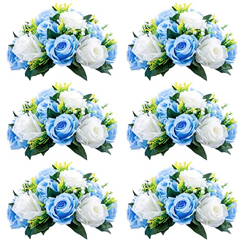 NUPTIO Flower Balls for Table Centerpieces: Blue White Fake Flowers | 6 Pcs Artificial Rose Bouquet Arrangements for Wedding Birthday Party Quinceanera Decor - color: Blue & White, size: 6 Pcs