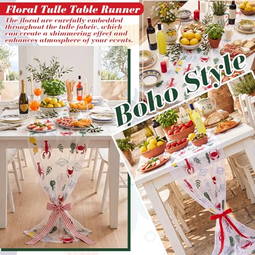 Mindsoft 3 Pcs Italian Summer Table Runner, 10ft Tablecloth Crab Party Decorations Gauze Embroidery Tulle Lace Runner for Table Wedding Birthday Bridal Baby Shower Dining Decor DIY - style: Italian Summer