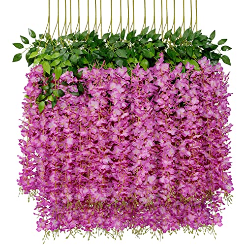 U'Artlines 24 Pack (Total 86.4 Feet) Artificial Fake Wisteria Vine Rattan Hanging Garland Silk Flowers String Home Party Wedding Decor (24, Purple Red) - color: Purple Red