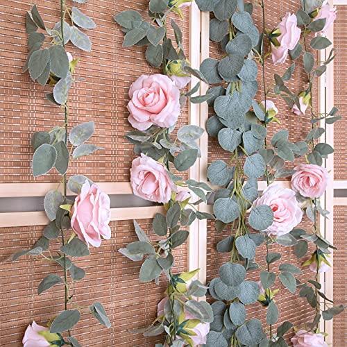 TELDRASSIL 4Pcs(26 FT) Artificial Rose Vine Fake Flower Garland Fake Silk Rose Hanging Vine for Wedding Party Background Arch Garden Background Decoration (Pink) - color: Pink