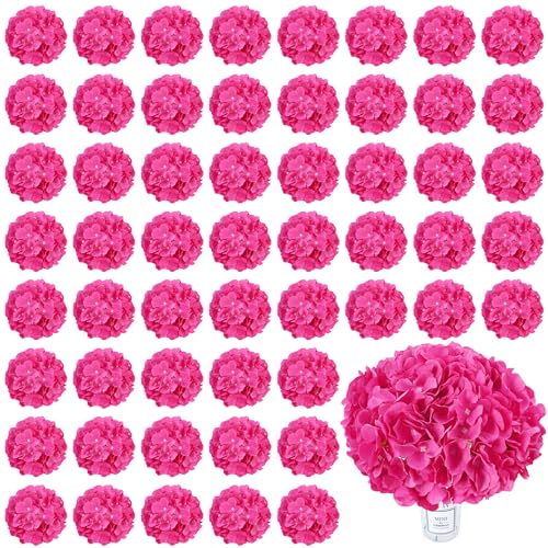 AVIVIHO 60 PCS Hot Pink Hydrangea Artificial Flowers Bulk (Not Squished) Realistic Fake Flowers Hydrangea Silk Flowers with Stems for Wedding Party Home Decor Table Centerpieces Florals Decoration - color: Hot Pink, size: 60PCS