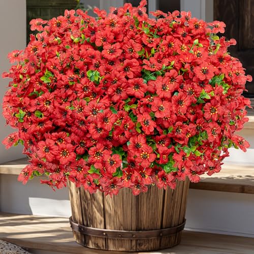 AXYLEX Artificial Flowers for Outdoors Fake Plants - 16 Bundles Faux Outside Greenery Boxwood No Fade Plastic Shrubs Fall Decor Farmhouse Home Garden Thanksgiving Mums (PureRed) - color: Purered
