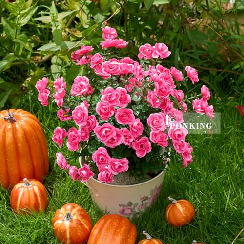 PONKING Artificial Flowers for Outdoors Patio Decoration 6 Bundles Fake Flower Rose UV Resistant Faux Plants Yard Garden Porch Home Boxwood Planter Patio Decor, Fuchsia Flower - color: D Fuchsia Rose 6pcs