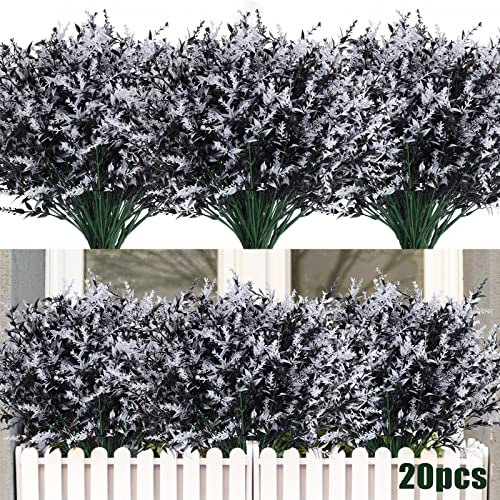 RECUTMS Black Flower,Black Fake Plants Decor,20 Bundles Artificial Flowers Fake Outdoor Plants Faux UV Resistant Lavender Flower Plastic Shrubs Indoor Outside Hanging Decorations (Black+White) - color: Black+white, size: 20 Bundles