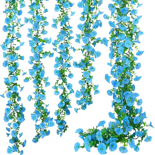 GTIDEA 6Pcs Fake Vines 36Ft Floral Garland Artificial Hanging Morning Glory Flowers Spring Garland Purple for Outdoors Wall Fence Indoor Arch Wedding Décor - color: Blue-6pcs
