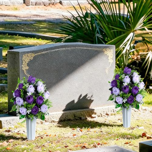 XONOR Artificial Cemetery Flowers for Grave Decorations, Artificial Memorial Roses Flowers Bouquet with Vase for Cemetery Headstones Decoration, 2 Sets (Dark Purple&Light Purple) - color: Dark Purple&light Purple