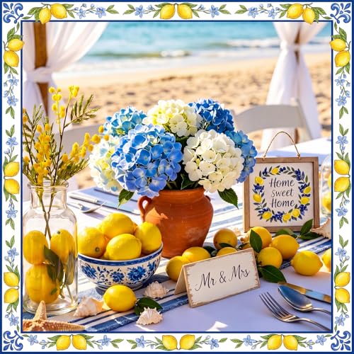 Norme 63 Pcs Artificial Lemon Decoration for Home Centerpiece, Faux Yellow Lemons, Artificial Fake Lemon Leaves and Wooden Desktop Sign Decor for Home, Kitchen, Party Decor, Photography Props - style: Lemon Style 2