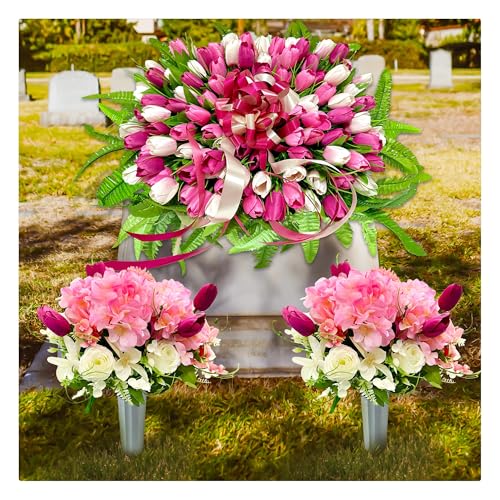 FLOWERIA Headstone Flower Saddle Artificial Flowers for Cemetery Grave Decoration, Large Size Tulip, Pink-white - color: Pink-white, size: 2 Bouquets 1 Saddle