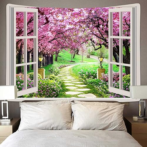 MEETSIOY Japanese Cherry Blossom Window Tapestry, 80x60 Inches, Pink Flowers, Botanical Floral Natural Landscape, Aesthetic Home Decor for Living Room, Bedroom, Nursery - color: Wiht window pattern, size: 80"L x 60"W