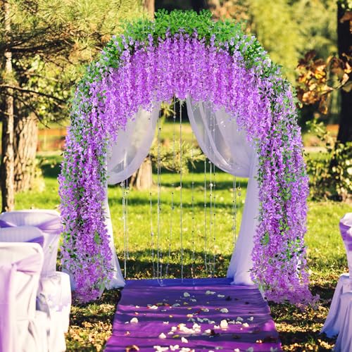 75 Branches Wisteria Hanging Flowers,5Pcs Total 30ft Purple Wisteria Artificial Flowers Garland Vine Silk Hanging Flowers for Wedding Party Arch Ceremony Garden Home Backdrop Decor - color: Purple, size: 5