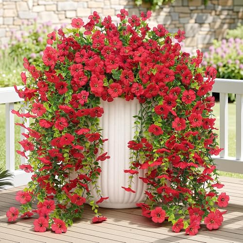 Artificial Fake Hanging Flowers Plants for Outdoor Spring Summer Decoration, 4PCS Faux UV Resistant Silk Daisy with Eucalyptus Leaves Realistic Planter for Porch Patio Home Balcony Yard Decor(Red) - color: Red