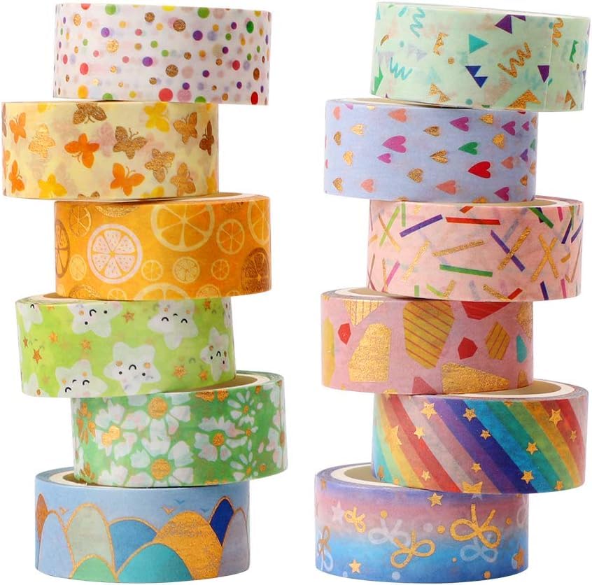 12 Rolls Gold Foil Floral Washi Tape Set Foil Masking Tape Decorative for Scrapbooking, Planners, DIY Crafts, Journal Supplies, Planners, Scrapbook, Gift Wrapping