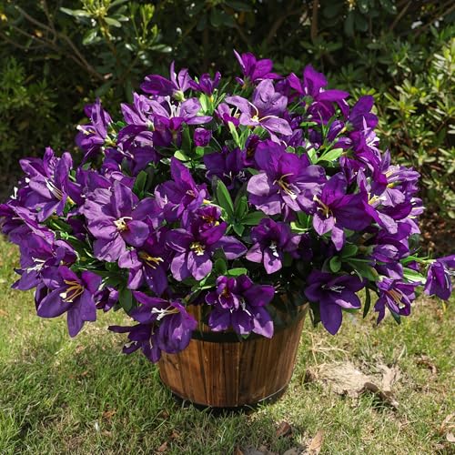INSPRING Artificial Faux Plants Flowers for Outdoors Spring Decor,3 Bundles Realistic Outside Fake Silk Azalea UV Resistant Outdoor Artificial Flowers for Planter Porch Patio Garden Home, Dark Purple - color: Dark Purple