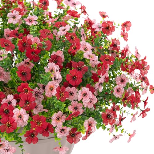 Artificial Fake Mums Flowers for Outdoor Spring Summer Decor, 12 Bundles Faux Silk Plants Daisy for Planter Pot Colorful UV Resistant Look Real for Front Door Porch Patio Outside Yard(Red Pink) - color: Red Pink