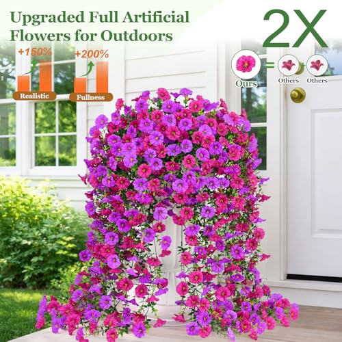Artificial Hanging Flowers for Outdoors, Fake Hanging Flowers for Decoration, UV Resistant Artificial Outdoor Plants, 4 Pcs Morning Glory for Outdoors Garden Patio Porch Yard Decor, Purple & Fuchsia - color: Purple & Fuchsia, size: 4 Pack