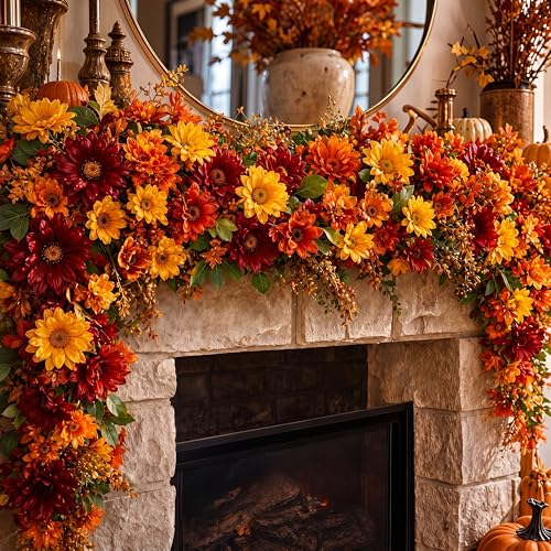 6 ft Fall Artificial Flower Garland for Mantle Autumn Fake Orange Wildflower Floral Sunflower Garland Hanging Vines for Thanksgiving Wedding Arch Table Ceremony Home Party - style: Flower