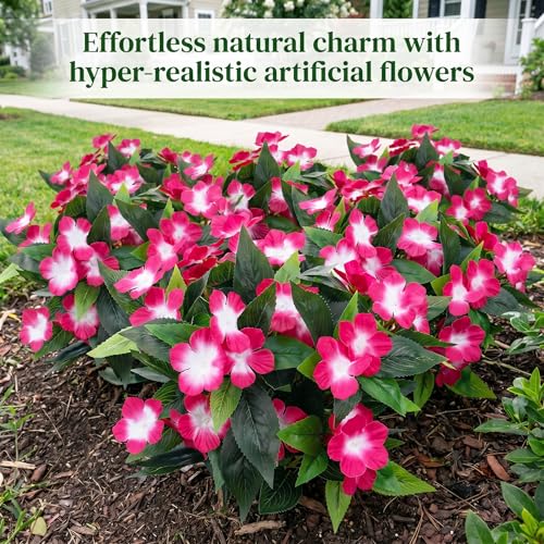 Roberly 6 Bundles Artificial Flowers for Outdoors, Faux Silk Catharanthus Roseus Flowers Bouquet Fake Greenery Plant for Spring Summer Garden Patio Porch Window Box Table Home Decor, Rose Red - color: Rose Red