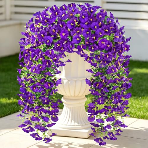 Artificial Hanging Flowers for Outdoors, 6Pcs UV Resistant Morning Glory Vines Fake Flowers with Eucalyptus, Realistic Silk Faux Hanging Plants Decor for Outside Planter Porch Patio (Purple) - color: Purple