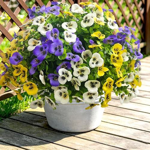 Artificial Flowers for Outdoors Faux Plants, 14 pcs Realistic Fake Pansies Silk Flowers UV Resistant, Lifelike Faux Outdoor Flowers for Porch Garden Patio Window Box Decor - color: Purplewhiteyellow, size: 14