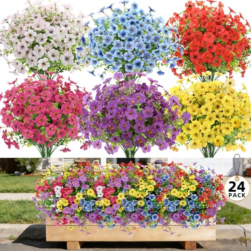 24 Bundles Artificial Flowers for Outdoors, UV Resistant Faux Flowers for Outdoor Planters, Fake Flowers for Outside Porch Patio Window Box, Mixed Color Daisy Bushes for Garden Decor(MUL) - color: Red + Purple + Blue + Yellow + Rose Red + White