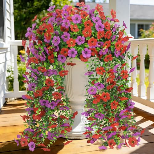 4 Pcs Artificial Hanging Flowers for Outdoor, Fake Silk Daisy Flowers Spring Summer Decoration UV Resistant Faux Plants for Planter Front Door Porch Patio Balcony Yard Decor, Red Purlple - color: Red Purlple