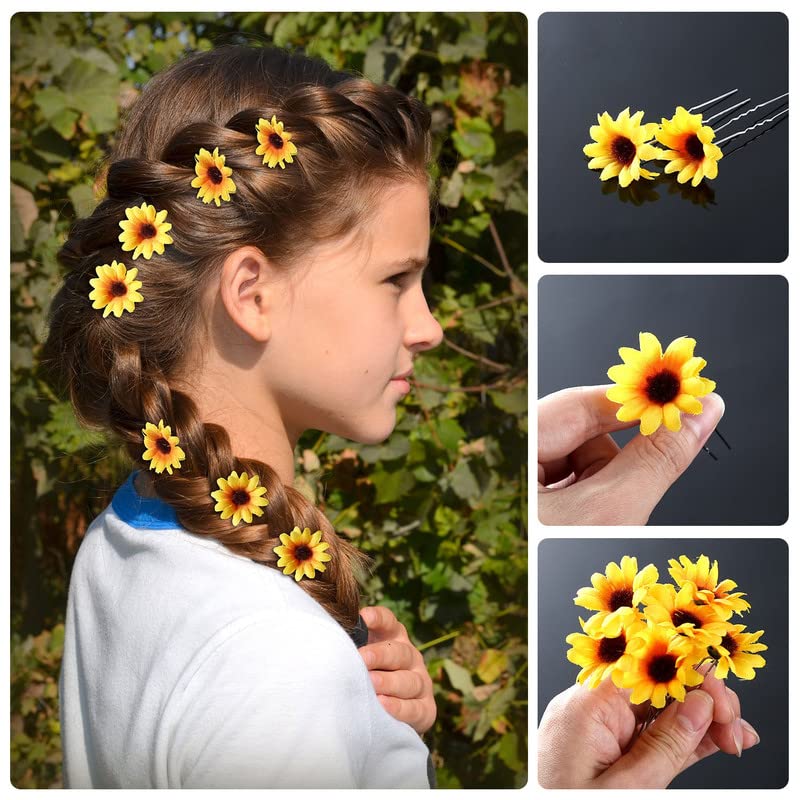 Boao 12 Pcs Sunflower Hair Accessories for Women Girls, 2 Boho Sunflower Crown Headbands with 10 Sunflowers Hair Clips, Floral Headpiece for Festival Wedding Party Photoshoot - color: Yellow