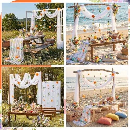 6 Pcs 35.4 Inch Artificial Pastel Flower Garlands with 3 Pcs 10 Ft Wedding Tulle Table Runner Wildflower Vines Floral Table Runner Garlands for Wedding Bridal Shower Spring Tea Party - style: Vibrant Wildflower