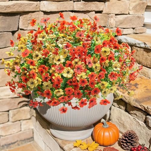 HyeFlora Artificial Fall Flowers Faux Mums for Outdoor Indoor Garden Home Decoration, Faux Flower Daisy with Eucalyptus Leaves Fake Mums Plants Greenery Boxwood Porch Patio, 12 Bundles (OrangeYellow) - color: Orangeyellow