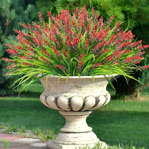 40 Bundles Artificial Plants Outdoor Fake Monkey Grass with Lavender Flowers Plastic UV Resistant Greenery Shrubs for Window Box Porch Garden Patio Outdoor Decor(Red) - color: Red
