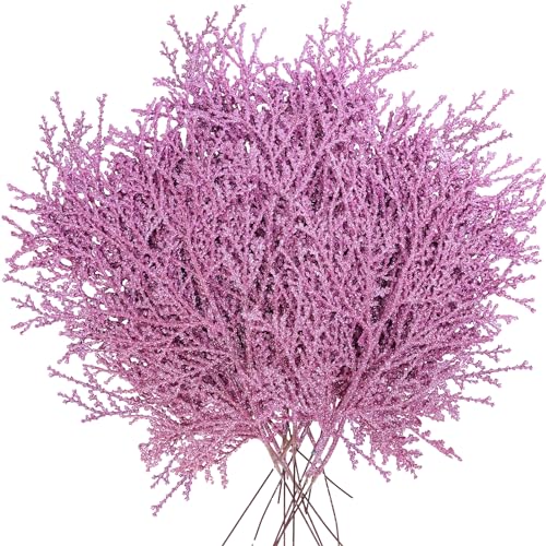 Winlyn 15 Pcs Pink Cedar Glitter Sprays Picks Christmas Floral Picks Artificial Cedar Branches Stems Pink Christmas Tree Picks for Wedding Bouquet Wreath Supply Floral Arrangement Holiday Decor - color: Pink