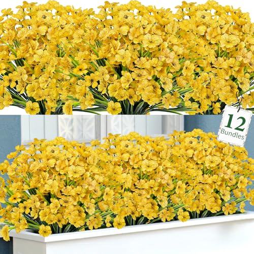 Ouddy Decor 12 Bundles Artificial Flowers for Decorations Fake Silk Plants for Outdoor Indoor UV Resistant Faux Plastic Greenery Stems for Window Garden Porch Home Spring Summer Decoration, Yellow - color: Yellow, size: 12 Bundles