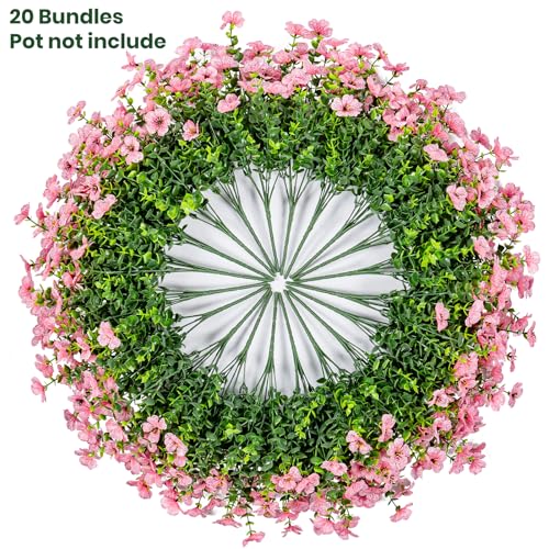 Lnoicy 20 Bundles Artificial Fake Flowers for Outdoor Faux Eucalyptus Flowers for Home Decoration,Fake Plants UV Resistant for Porch/Garden（Pink） - color: Pink