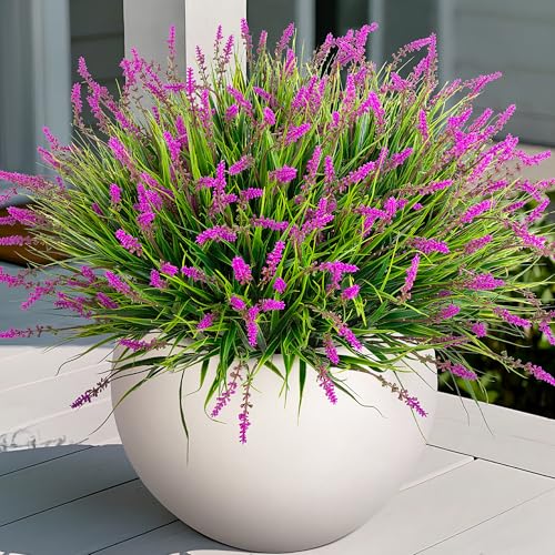 Artificial Flowers Faux Plants for Outdoor Decoration, 12 Bundles Fake Monkey Grass for Home Garden Front Porch Balcony, Lavender Flowers Shrubs UV Resistant No Fade Greenery Bush Planter (Lotus) - color: Lotus, size: 12 Pcs