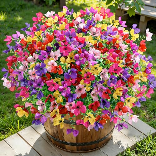 SHareconn 20 Bundles Artificial Flowers Outdoors Decoration, Fake Silk mums Eucalyptus Realistic UV Resistant Faux Plants for Outside Indoor Planter Porch Yard Home Spring Decor,6 Colors incl. Yellow - color: Redrosypurpledeeppurpleyellowpink