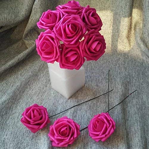 50pcs Artificial Flower，Real Touch Artificial Foam Roses Decoration DIY for Wedding Bridesmaid Bridal Bouquet Centerpieces Party(50, Fushcia) - color: Fushcia
