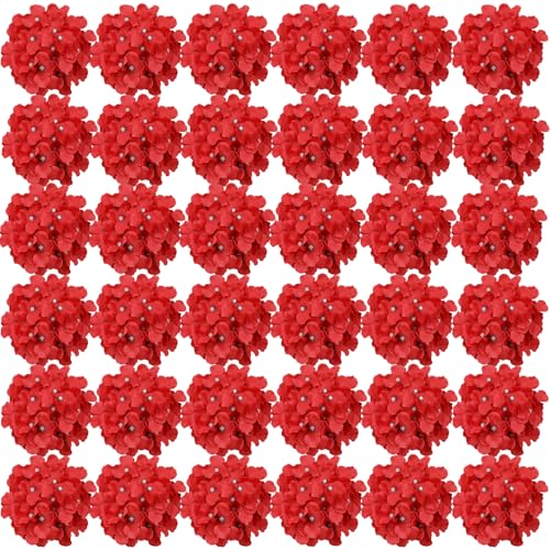 FagusHome Silk Hydrangea Heads 36 Pcs Artificial Flowers Heads and 3 Dozens Stems Fake Hydrangea Flowers with Stems for Home Wedding Decor (Dark Red) - color: Dark Red